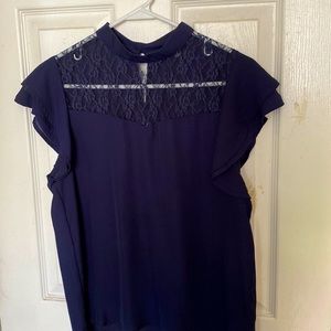 Dark blue sheer blouse with lace top